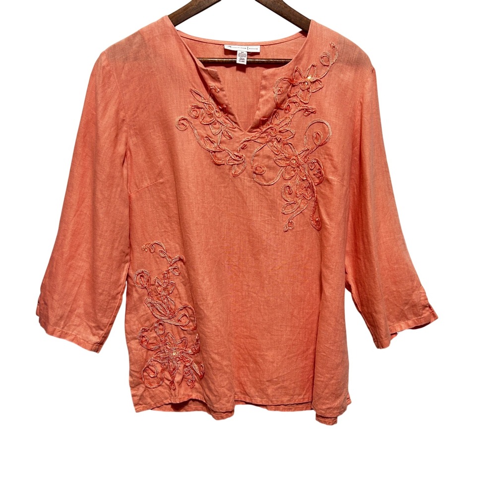 JM Collection Women Boho Coastal Tunic Top 16P Coral Linen Floral Beachy Artsy